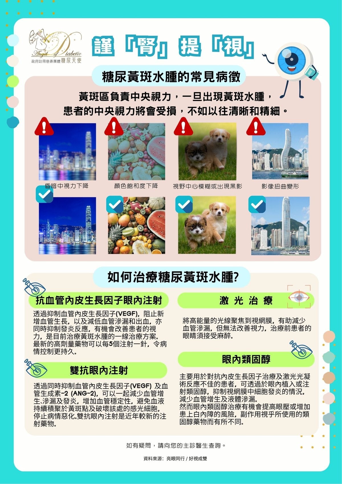 謹「腎」提「視」資訊圖：糖尿黃斑水腫的治療方法（眼內注射、激光治療、眼內類固醇）